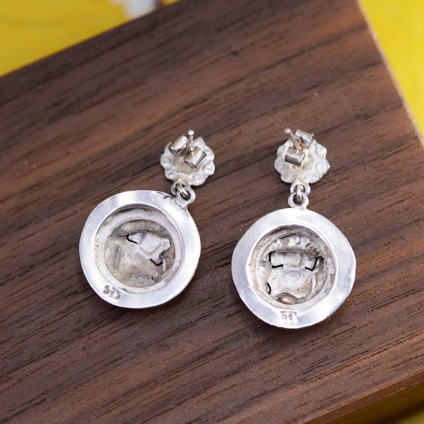 Vintage Sterling silver 925 handmade dangles, Inca sun god Viracocha earrings