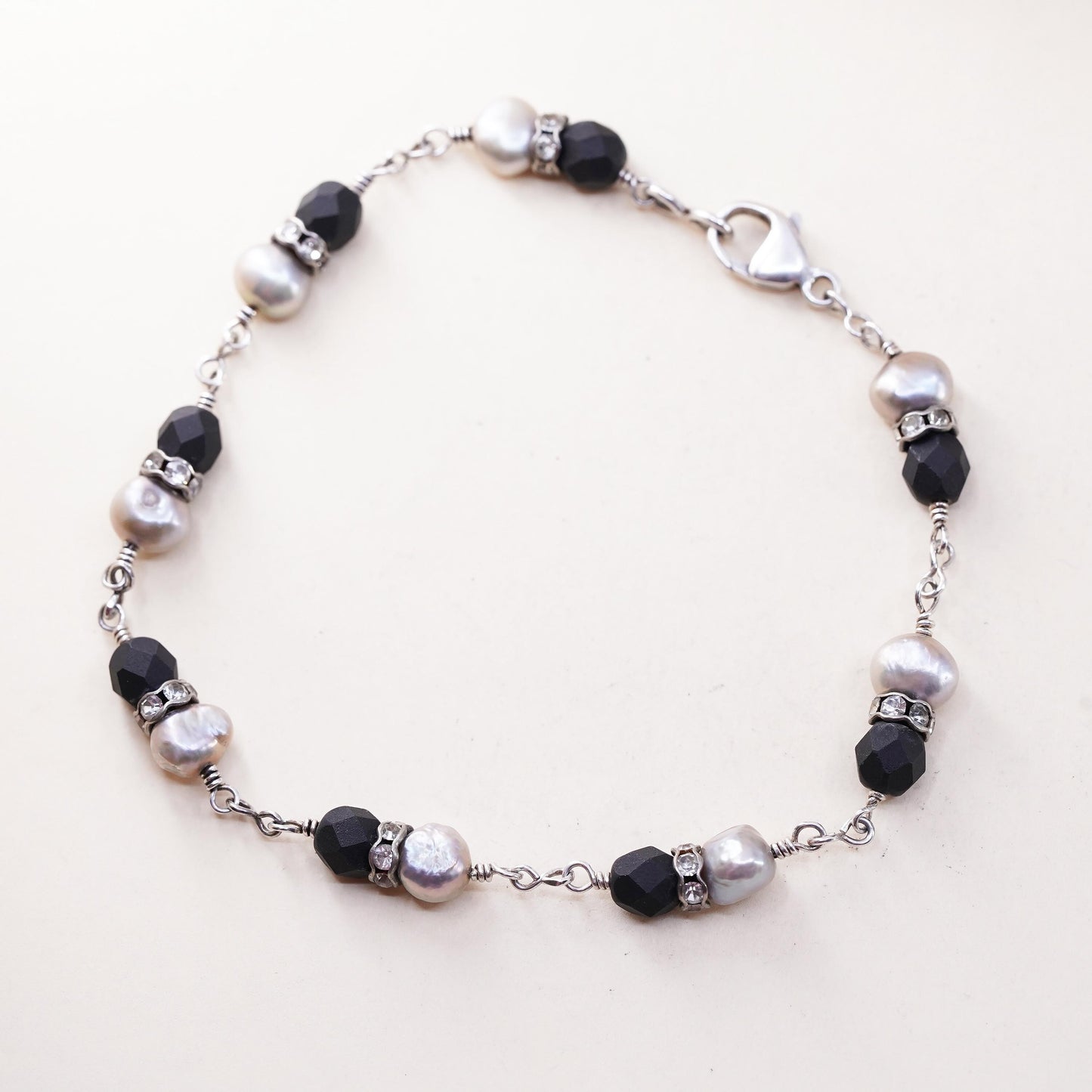 8.25", Vintage Sterling 925 silver handmade bracelet, pearl lava stone beads