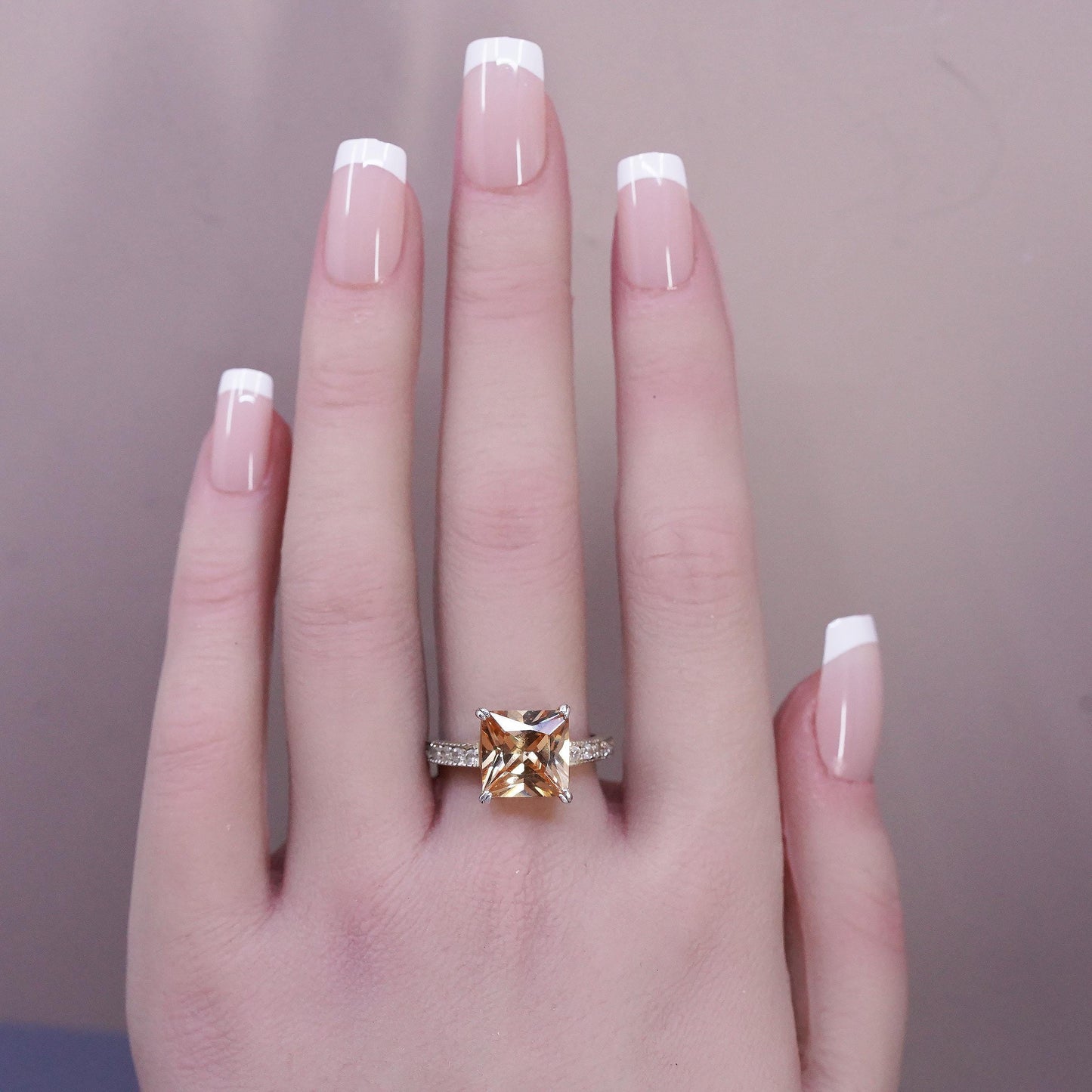 Size 8.25, VTG 925 Sterling Silver Champagne CZ Ring, Princess Solitaire Ring