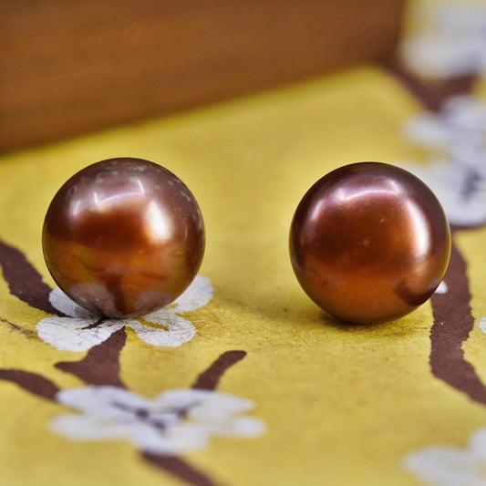 8mm, Vintage 925 Sterling silver handmade studs earrings bronze tone pearl