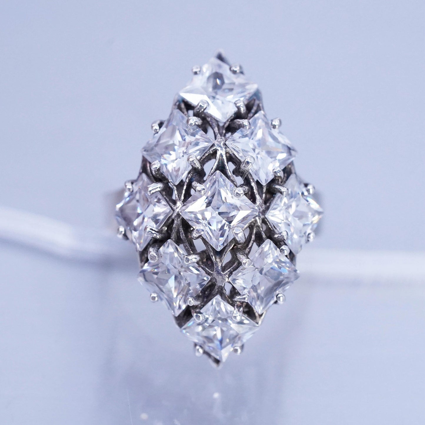 Size 7.5, vintage Sterling 925 silver handmade wide band ring with cluster Cz