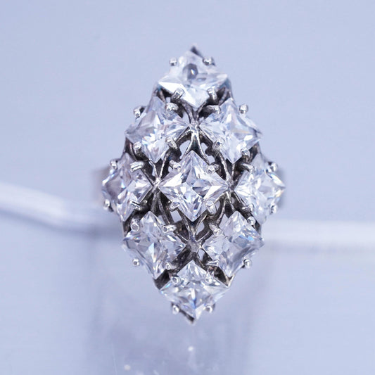Size 7.5, vintage Sterling 925 silver handmade wide band ring with cluster Cz