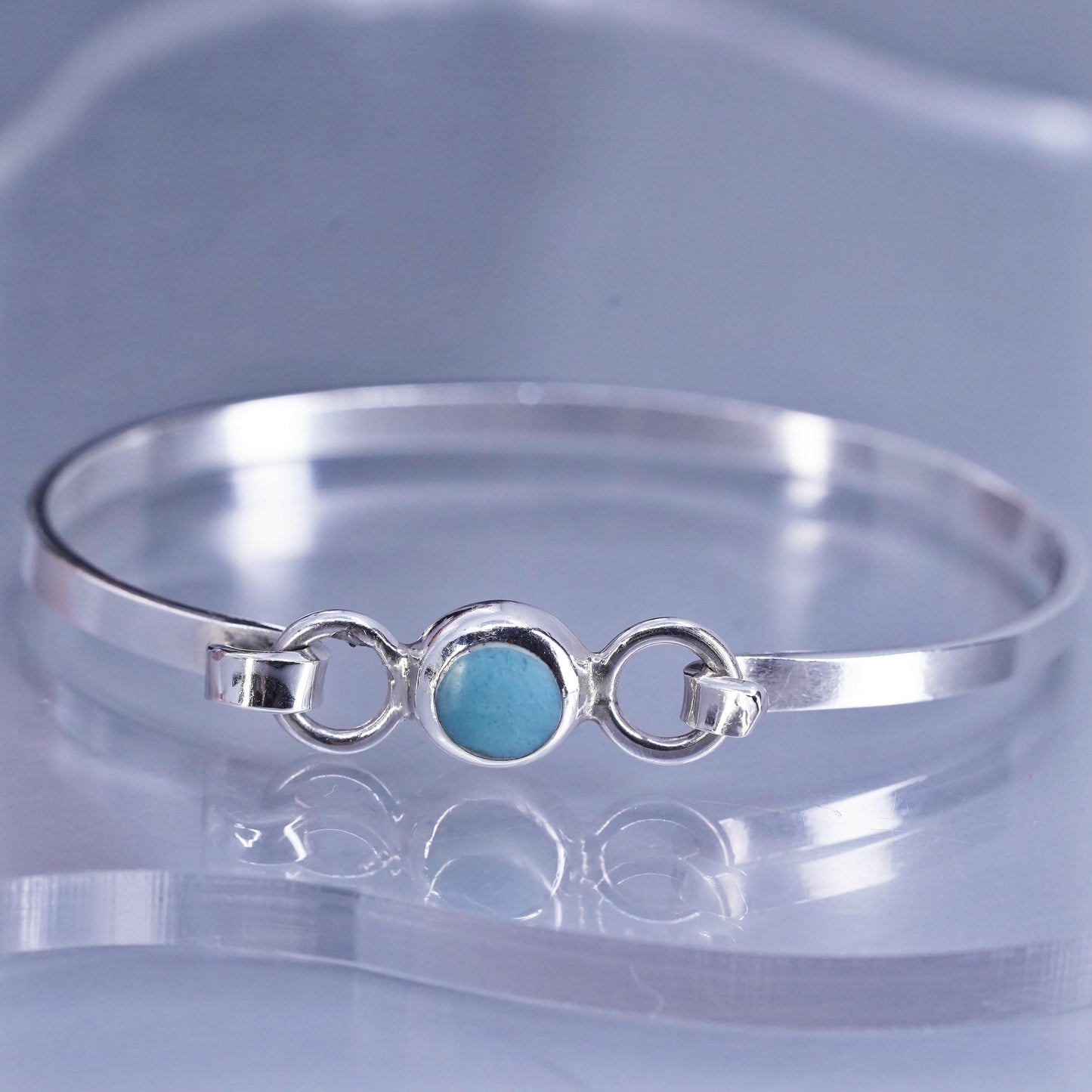 6”, Vintage Mexican Sterling 925 silver bracelet, hinged bangle with turquoise