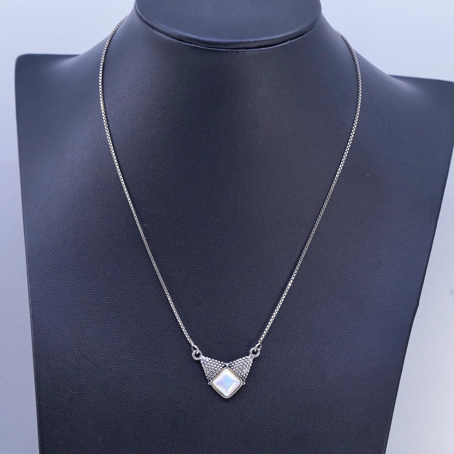 16”, vintage Sterling 925 silver handmade box chain necklace with pearl pendant
