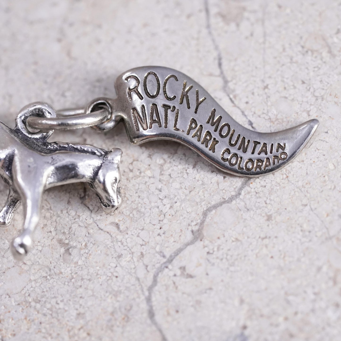 sterling silver pendant, 925 horse charm with Rocky Mountain national park tag