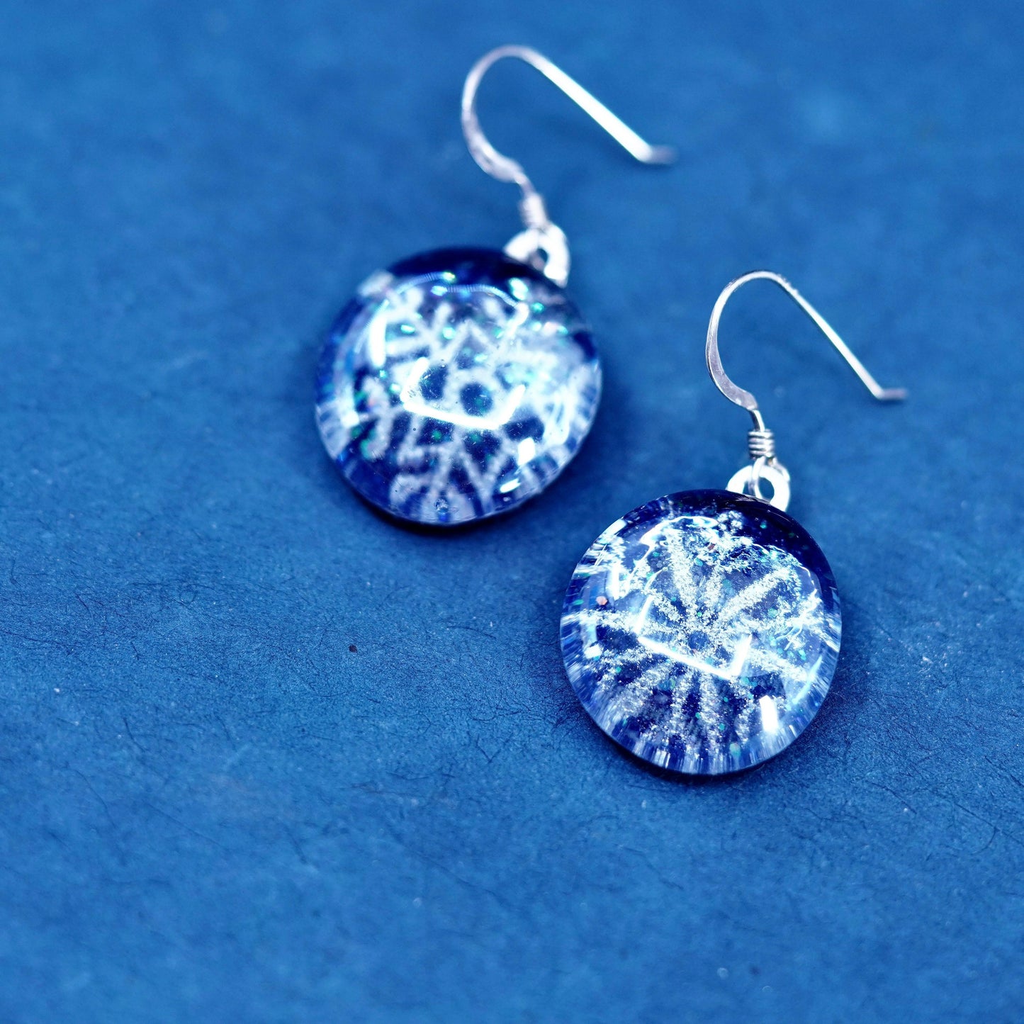 sterling silver earrings, 925 hooks with snowflake foiled glass drops