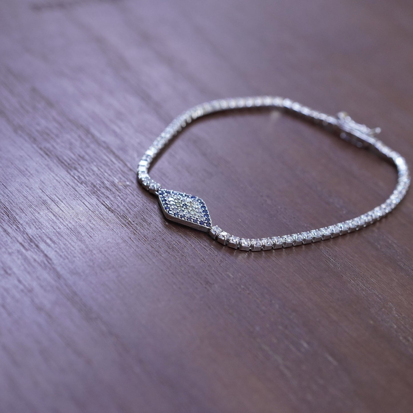 7”, Sterling 925 silver handmade chain bracelet with evil eye and cluster cz