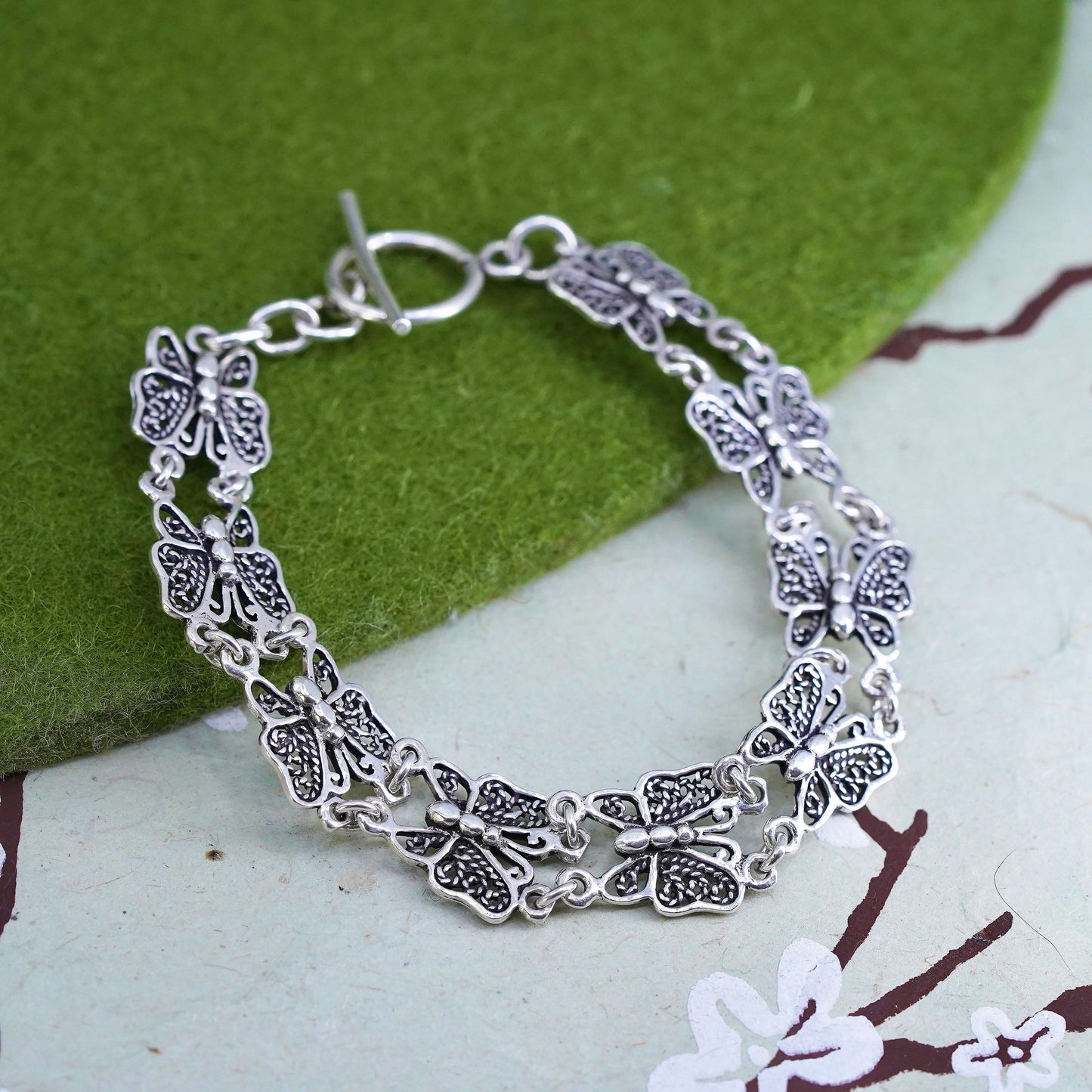 7", Vintage Sterling silver handmade bracelet, 925 silver filigree butterfly