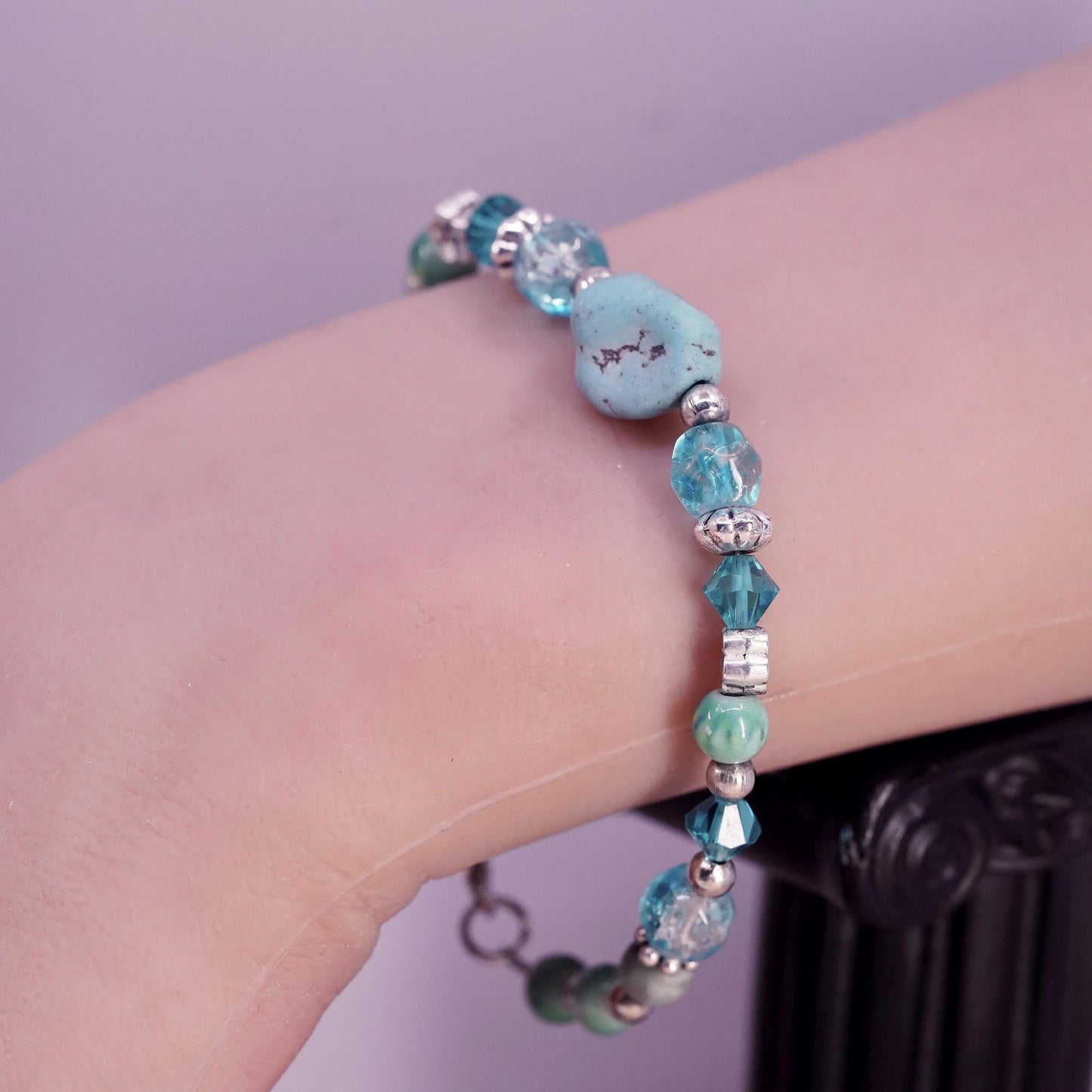 7", Vintage Sterling 925 silver handmade bracelet turquoise nugget crystal