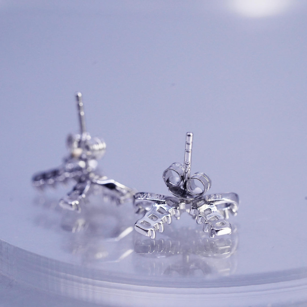 Vintage Sterling 925 silver handmade earrings, ribbon bow tie studs cluster Cz