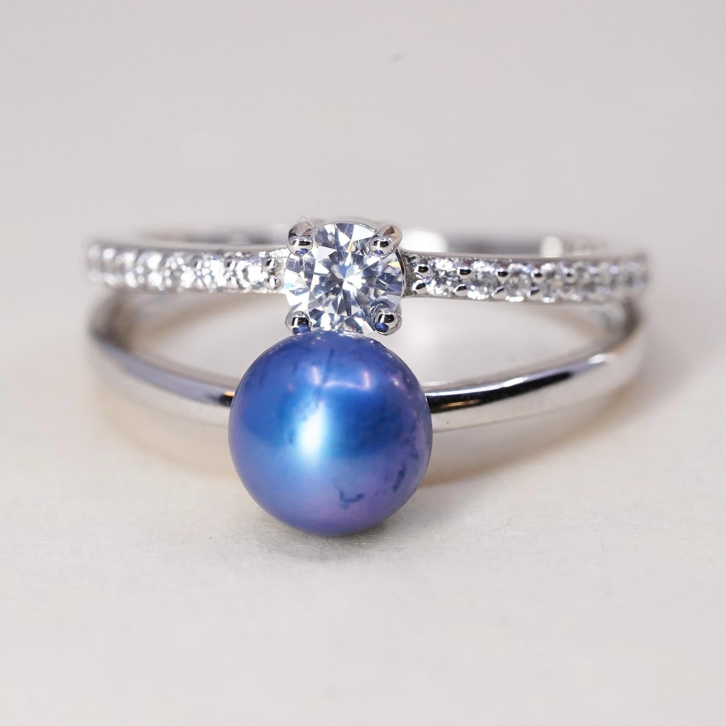 Size 6, vintage Sterling silver 925 handmade ring with blue pearl and cz