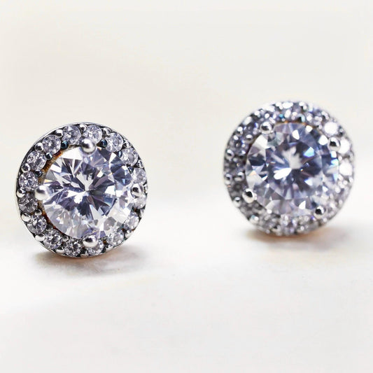 Vintage sterling silver earrings, 925 studs with cluster round cz