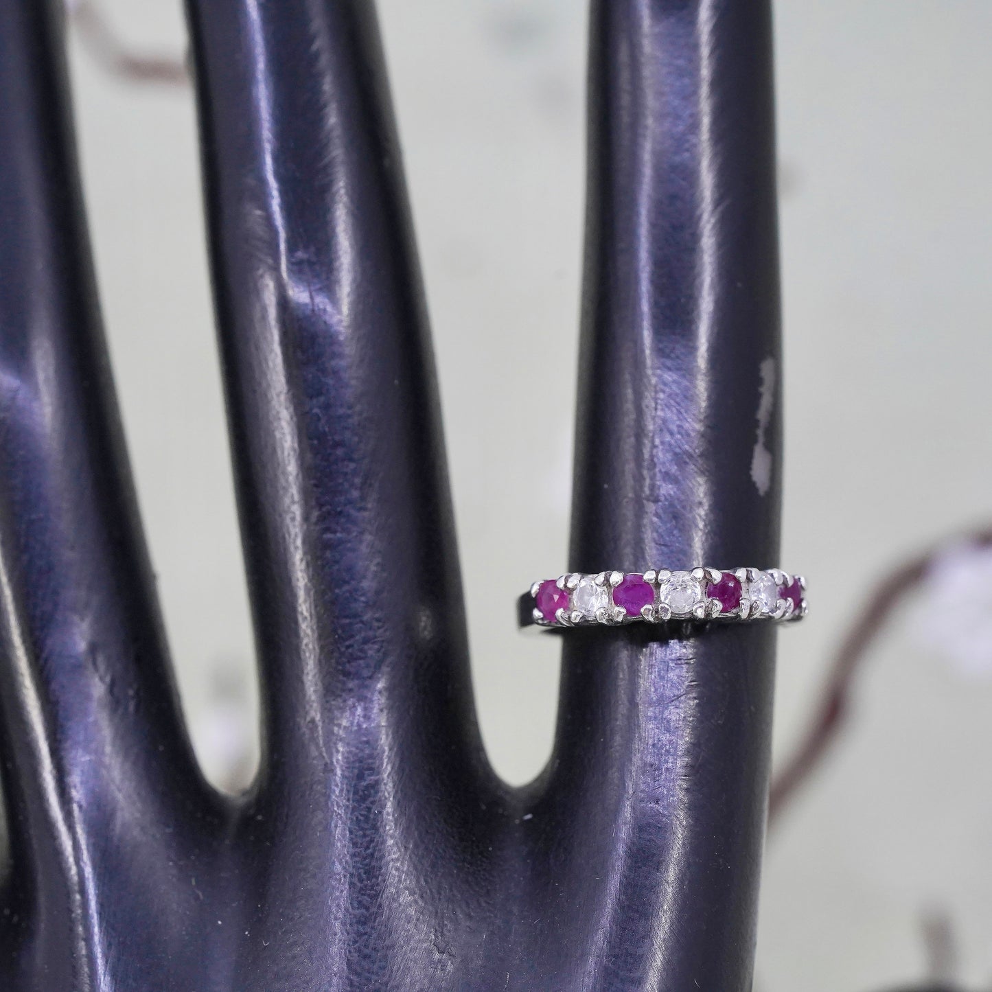 Size 5, vintage Sterling silver handmade ring, 925 stackable band ruby and cz