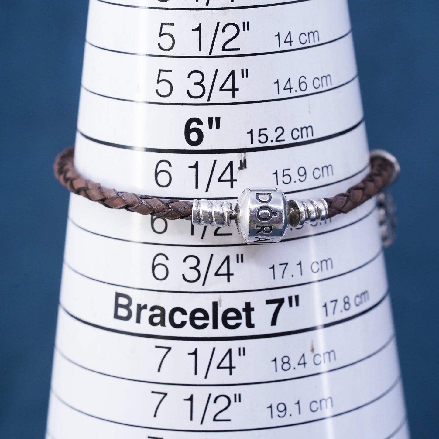 6.5", Pandora ALE sterling 925 silver woven leather chain bracelet lucky charm