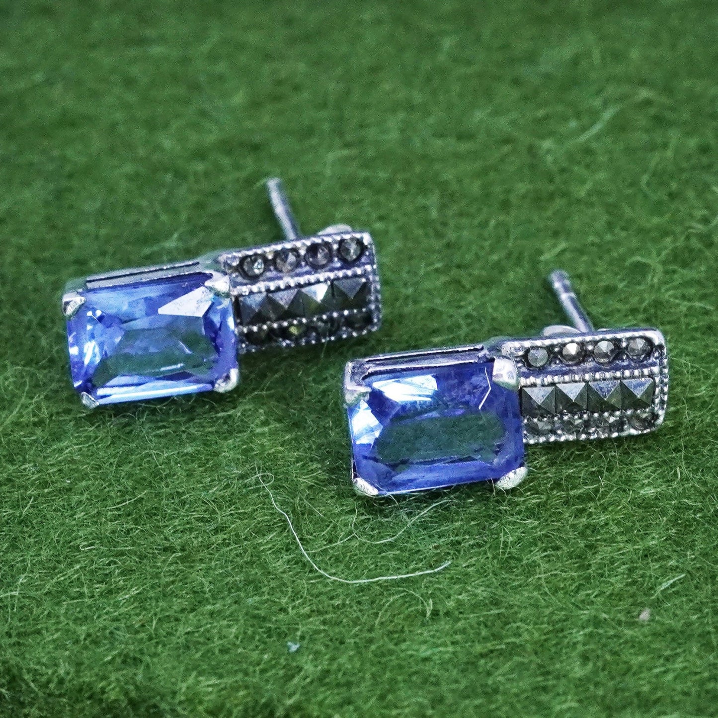 Sterling silver handmade earrings, 925 studs with blue crystal and Marcasite