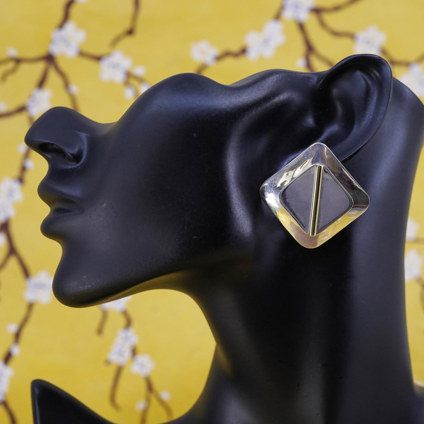 Mexican two tone Sterling silver square earrings, 925 clip on with brass tube