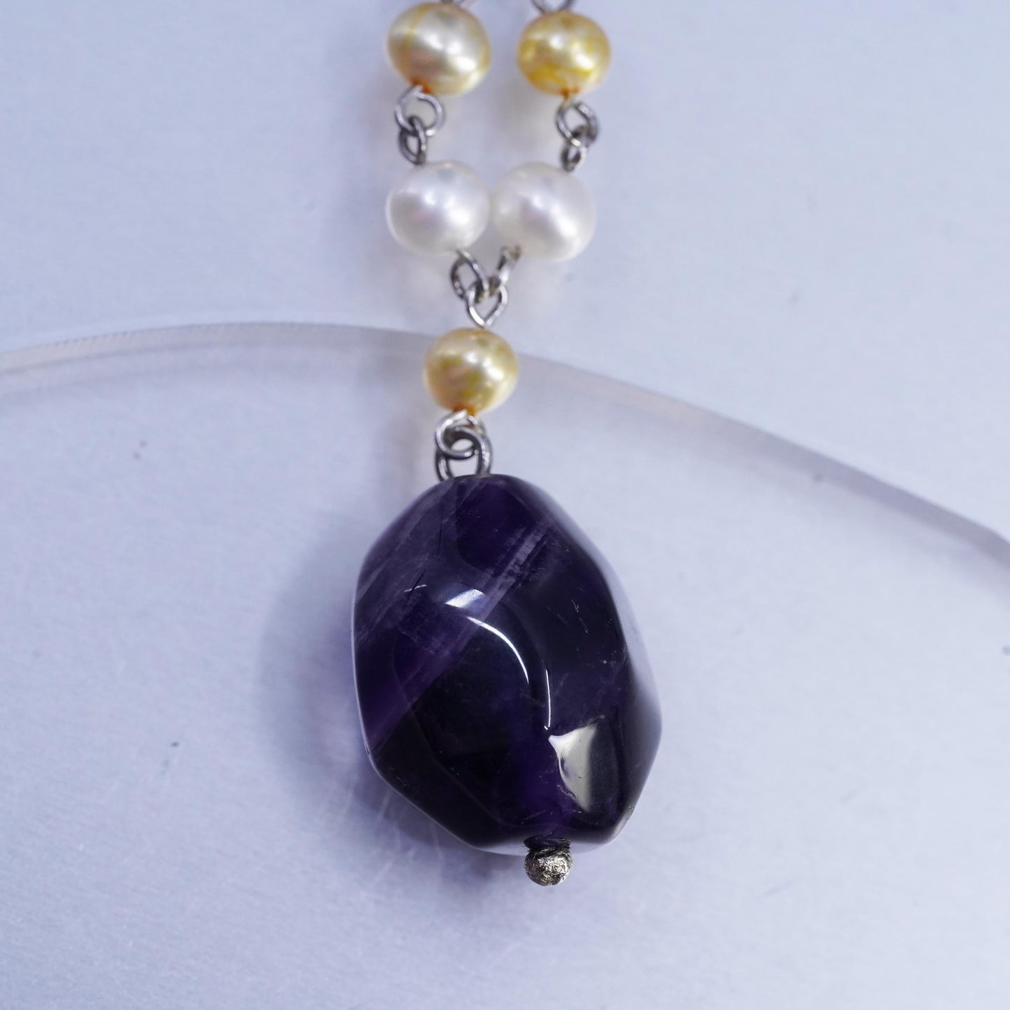16", Sterling 925 silver necklace with pearl beads and nugget amethyst pendant