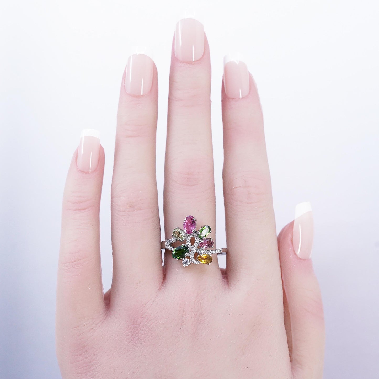 size 9.75, 925 Sterling Silver Ring, Garnet Peridot Citrine CZ Cocktail Ring