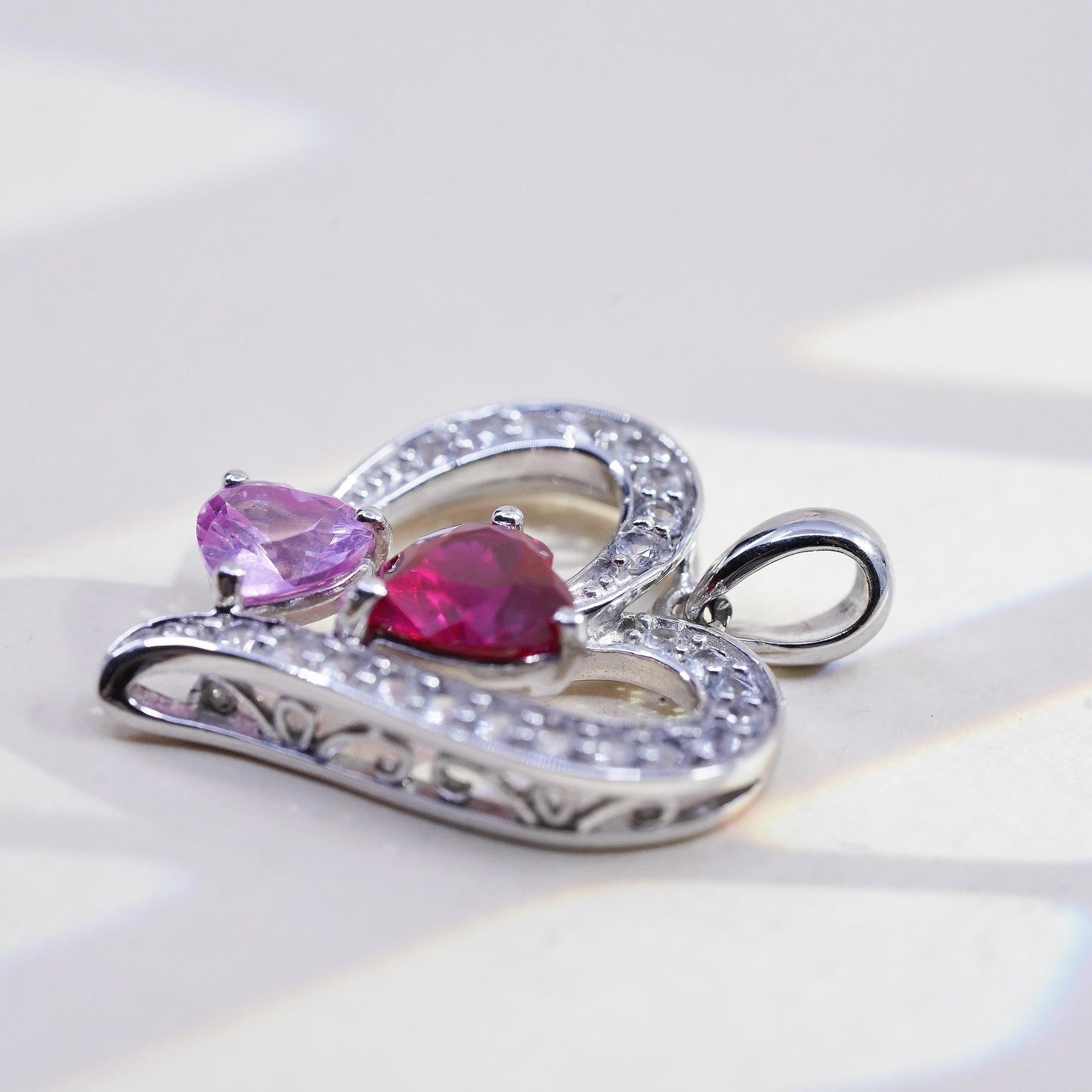 VTG SUN 925 Sterling silver Pendant, pink sapphire ruby heart cluster diamonds