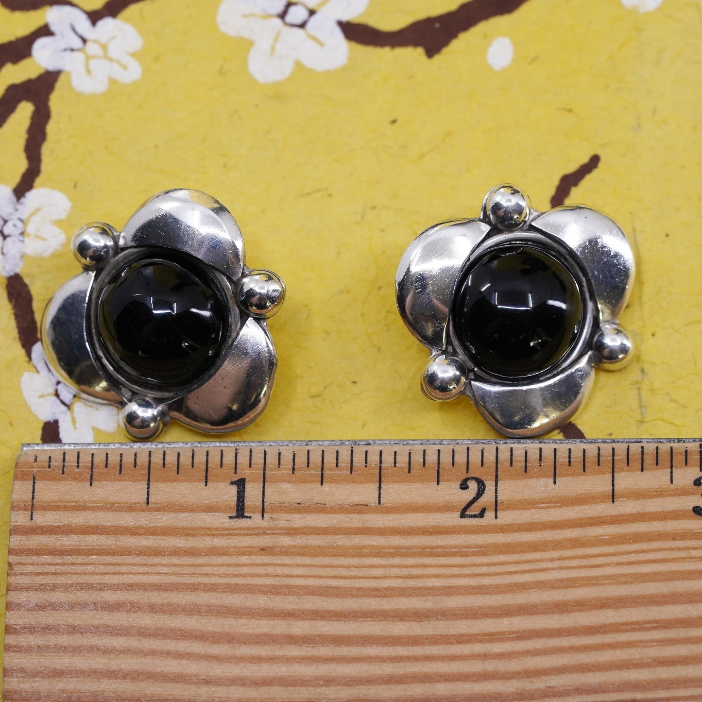 Mexican Sterling silver earrings, studs, huge 925 floral studs with black onyx