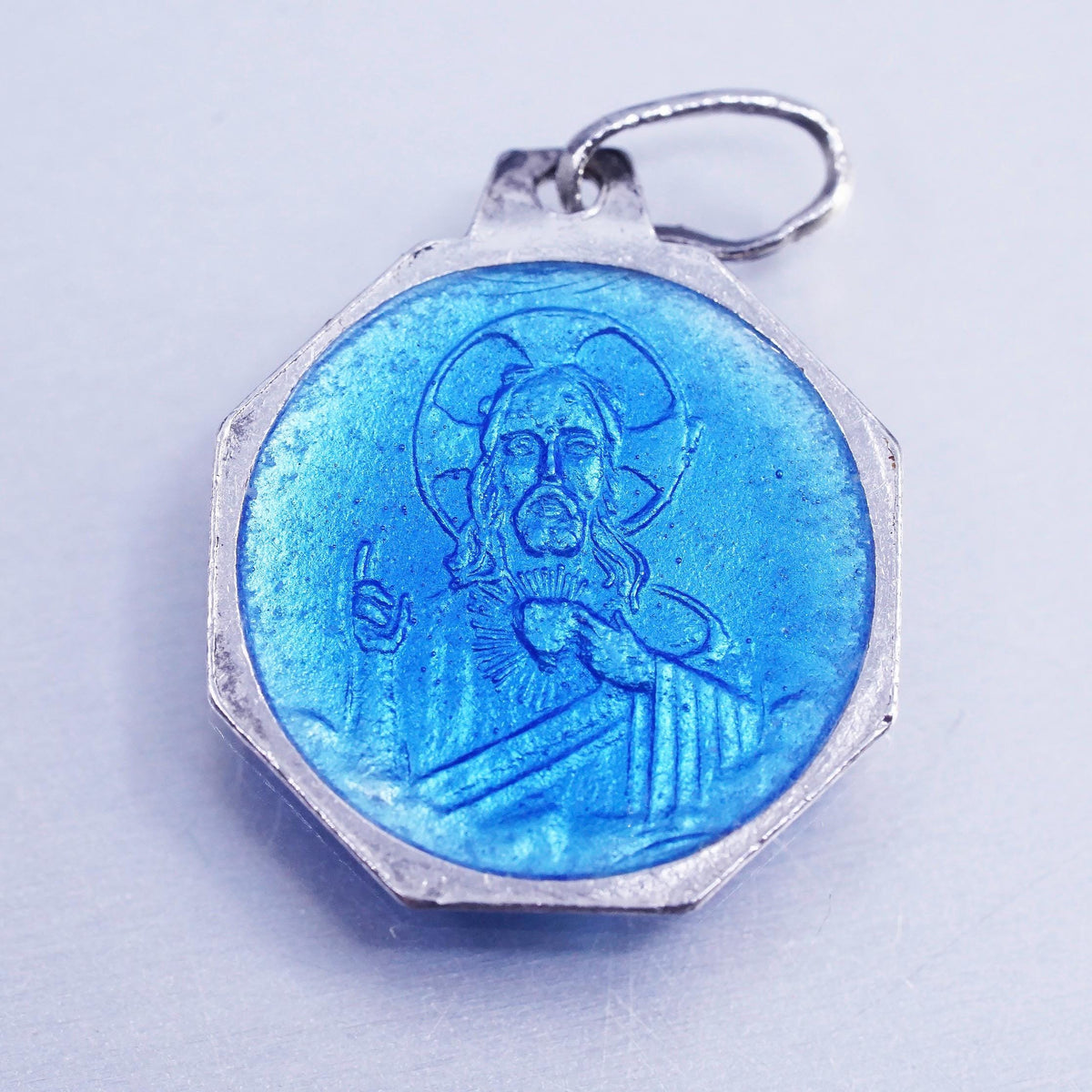 Blue Enamel Jesus Sacred Heart Virgin Mary Religious Double Sided Medal Pendant