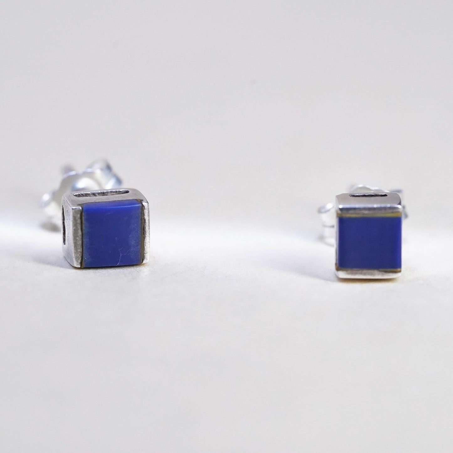 VTG southwestern Sterling 925 silver handmade square studs earrings blue onyx