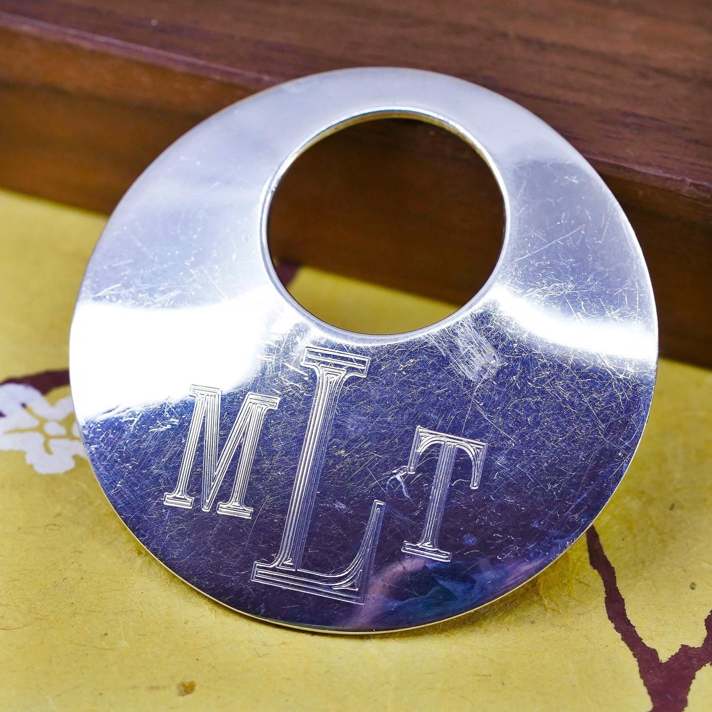 Vintage Sterling 925 silver handmade circle pendant with name monogram "MTL"