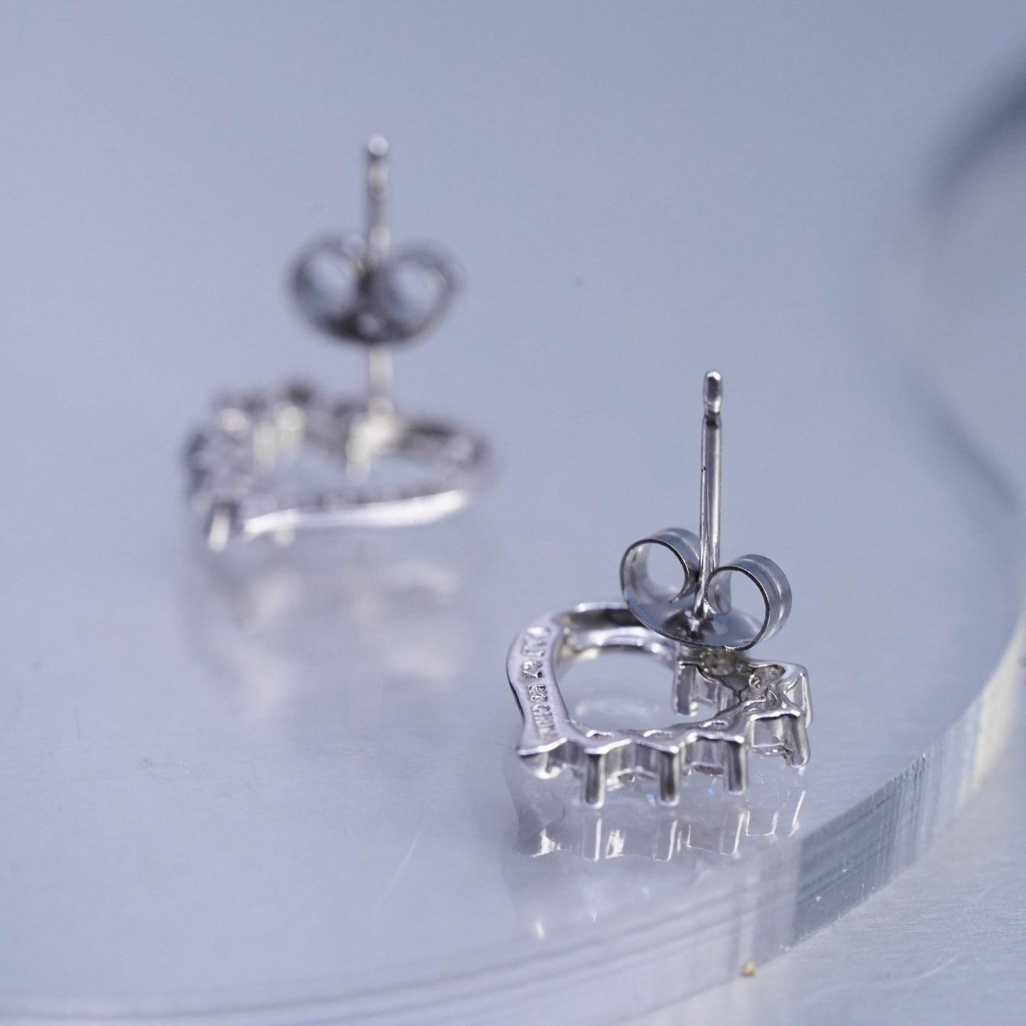 Vintage Sterling 925 silver handmade heart earrings, studs with cz