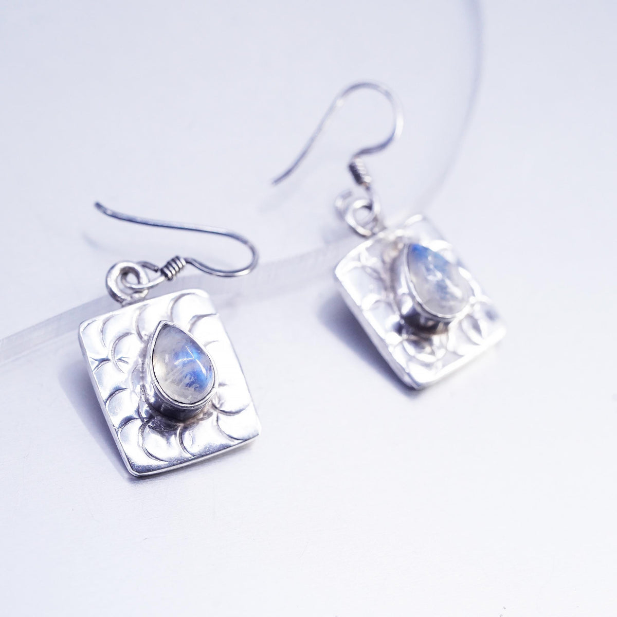 Vintage Sterling 925 silver textured square earrings teardrop moonstone