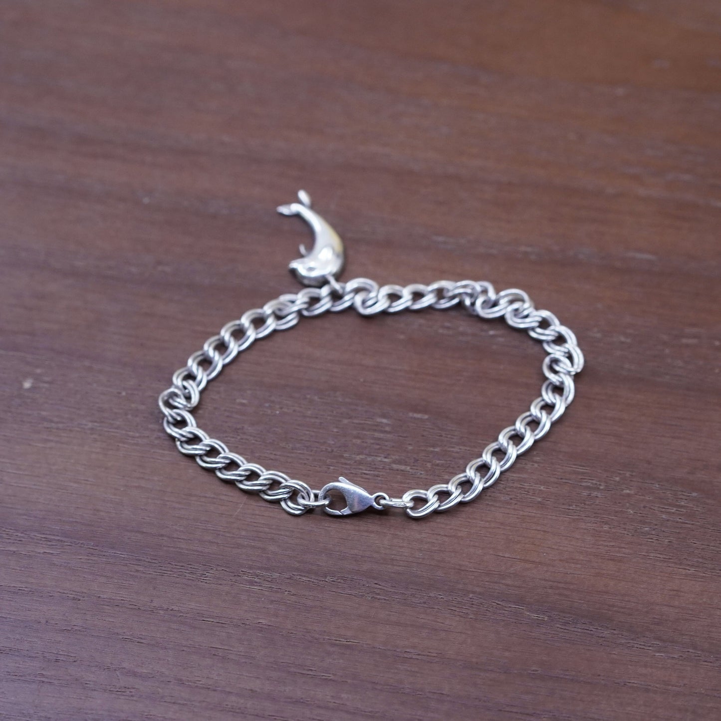 6.5”, Sterling silver double curb bracelet, 925 chain bracelet dolphin charm