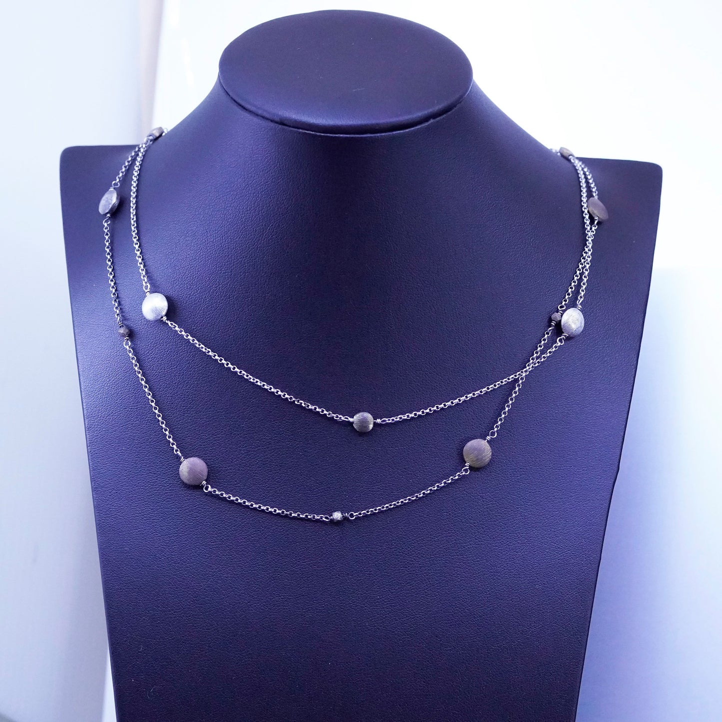 17”, vtg Con design Sterling silver necklace, double strands 925 circle chain