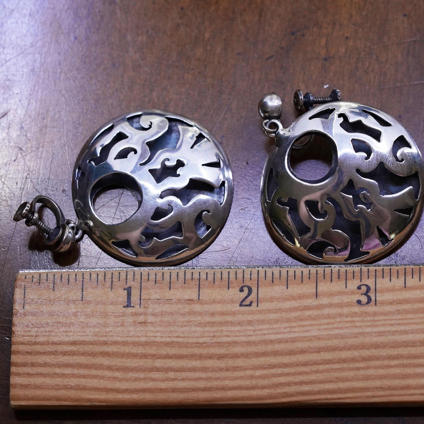 VTG Mexican hecho en Sterling silver earrings, Mexico 925 cutted circle dangles