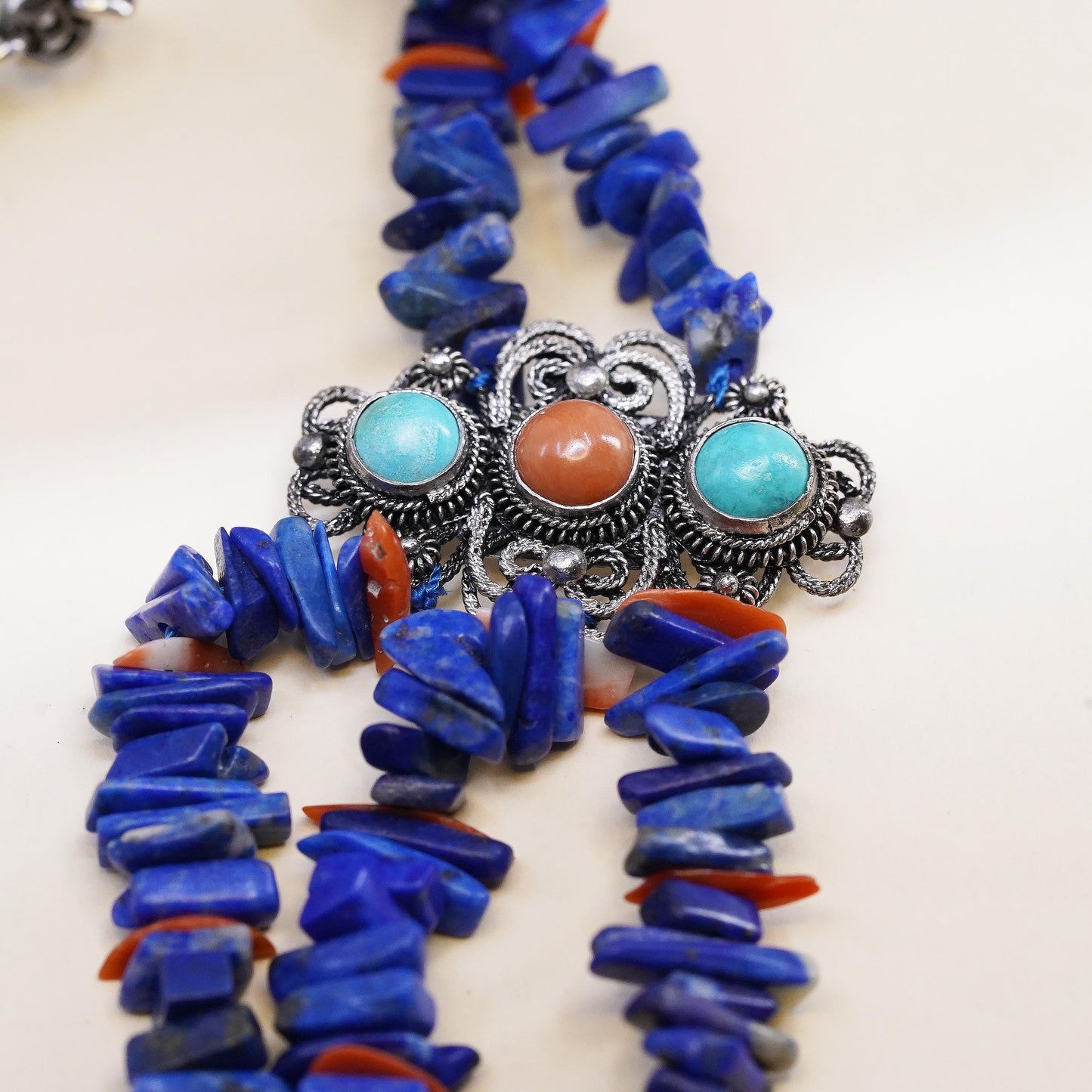 24", Native American Sterling Silver 925 Lapis Lazuli Turquoise Coral Necklace