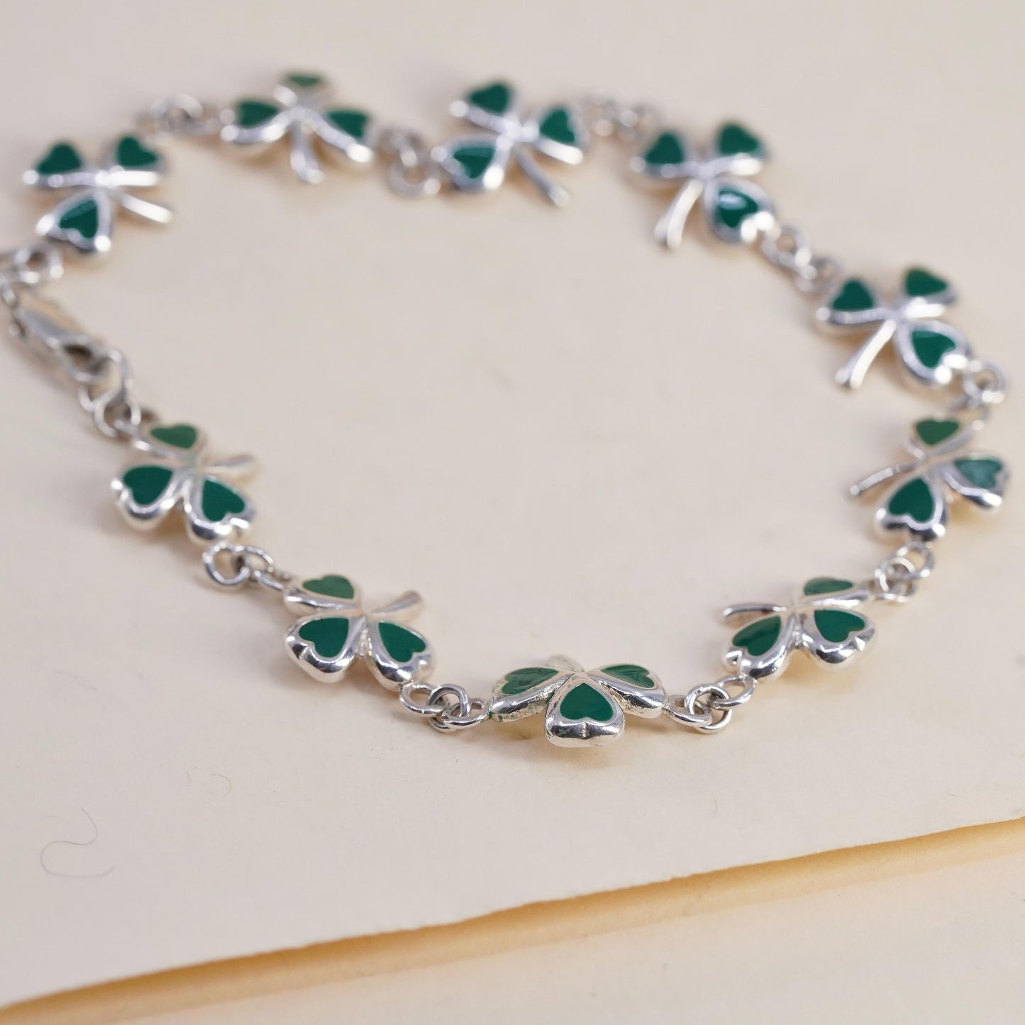 8", Sterling Silver Green Enamel Shamrock Bracelet, Irish Lucky Clover, Jewelry