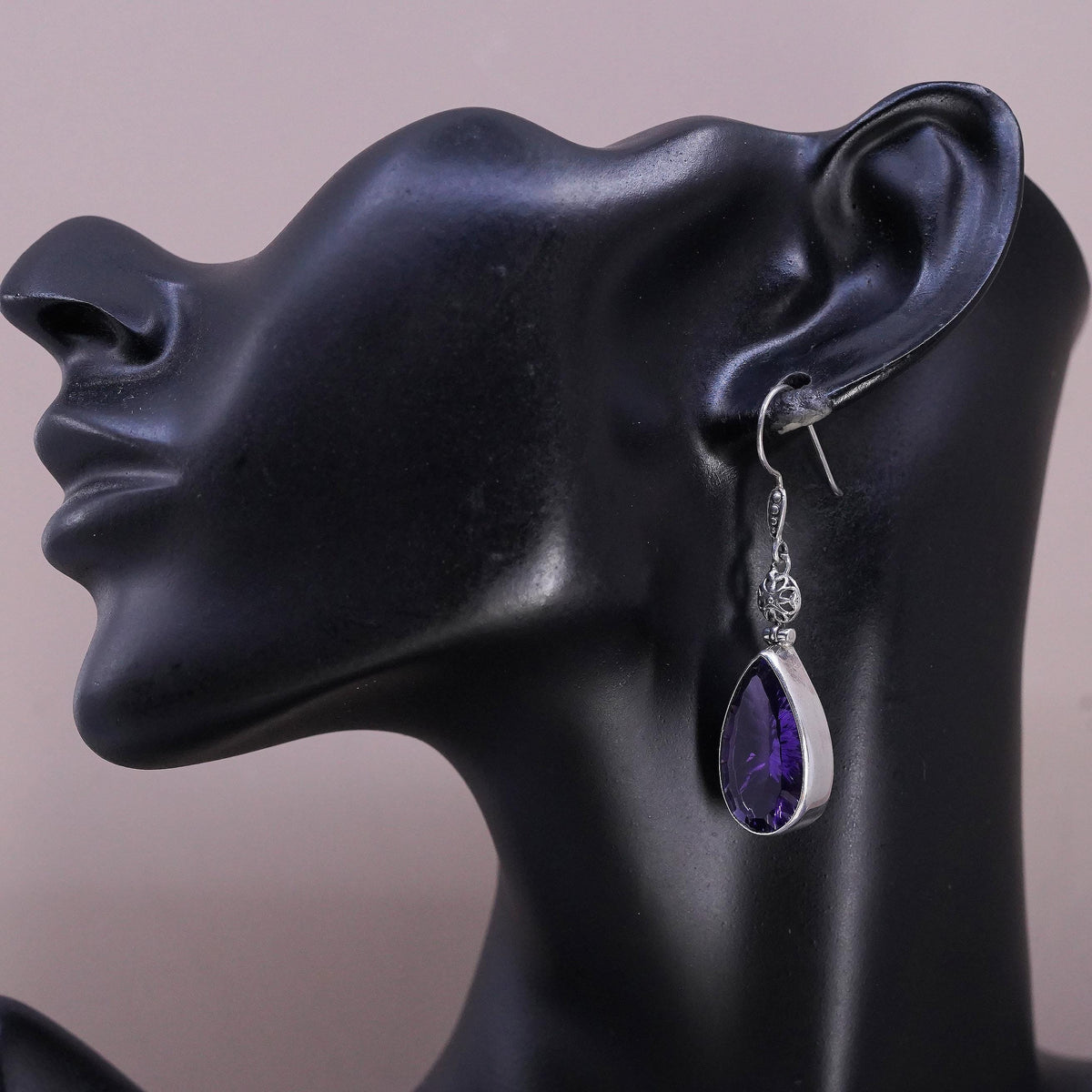 Vintage sterling 925 silver handmade teardrop earrings with amethyst