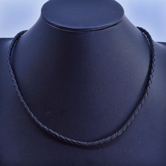 16+2”, vintage 925 Sterling Silver Handmade woven black leather Necklace