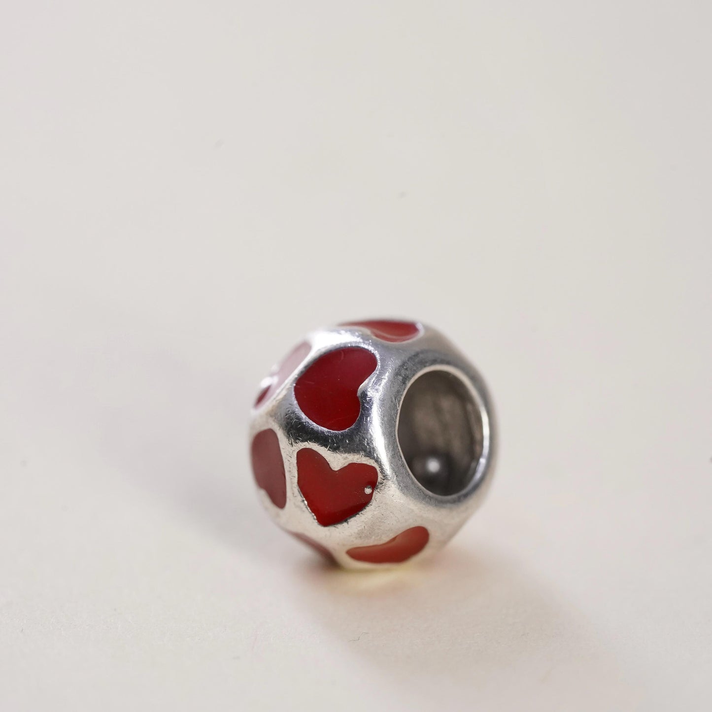 Vintage Sterling silver handmade pendant, 925 red enamel heart bead charm