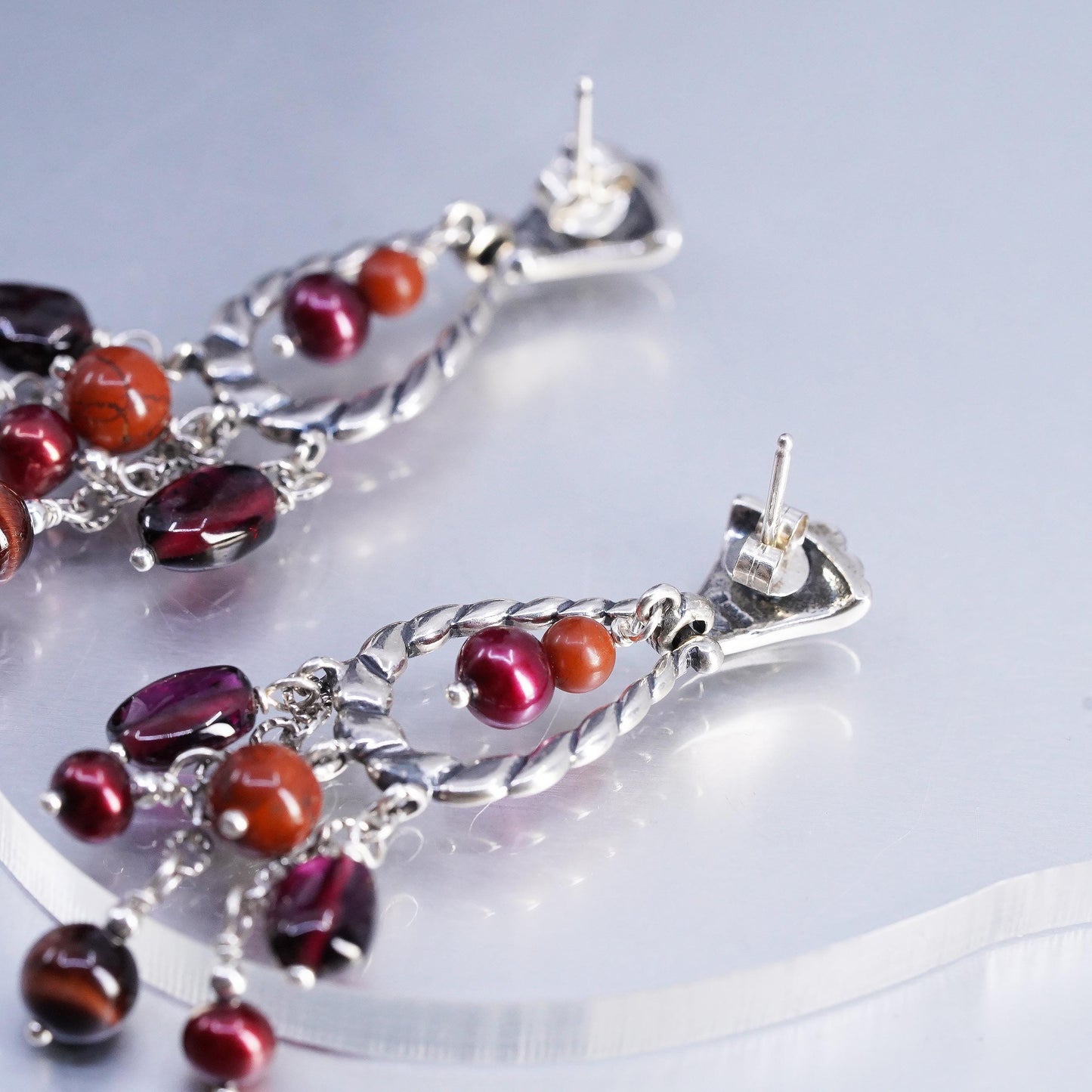 Carolyn Pollack 925 Sterling Silver Garnet Chandelier Earrings, Pearl Dangles