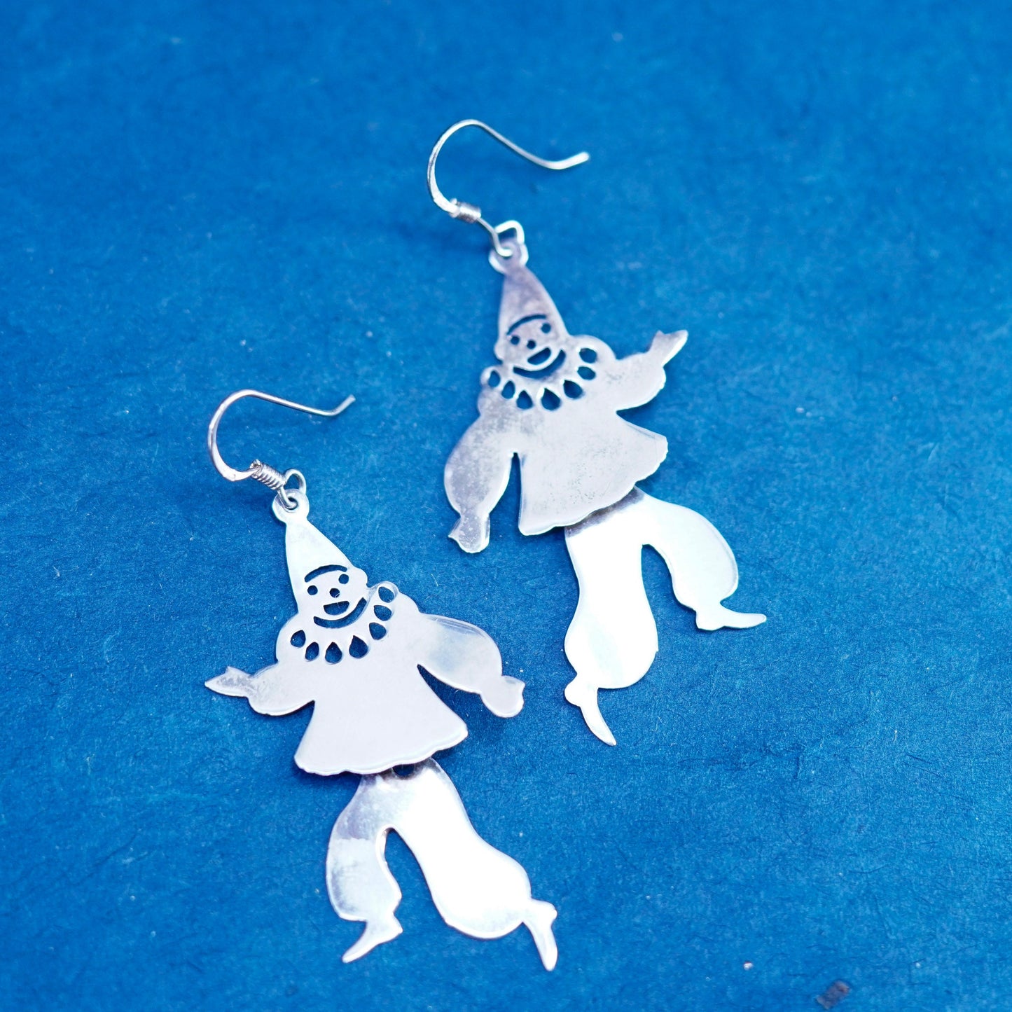 sterling silver handmade earrings, 925 dancing clowns drop with movable waist