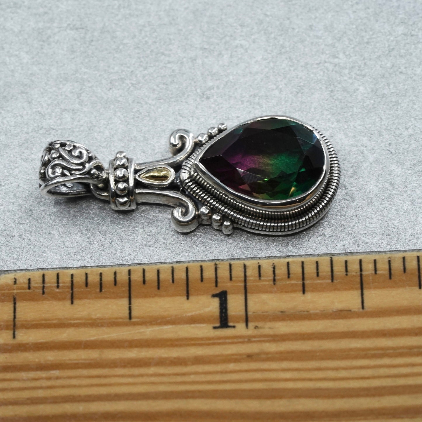 Vintage 18K sterling silver 925 teardrop pendant with rainbow topaz, stamped 925 18K