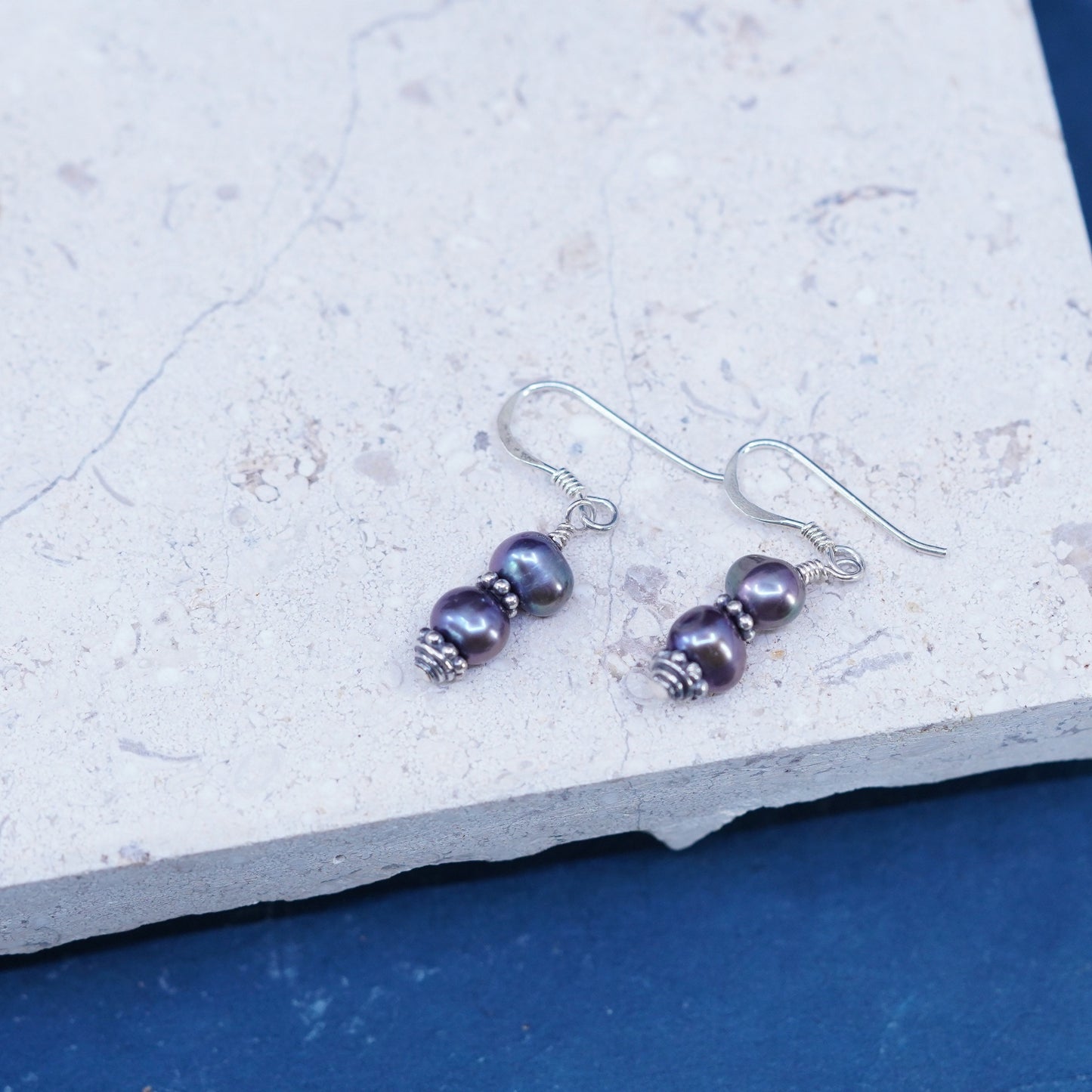 Vintage Sterling silver handmade earrings, 925 hooks with black pearl