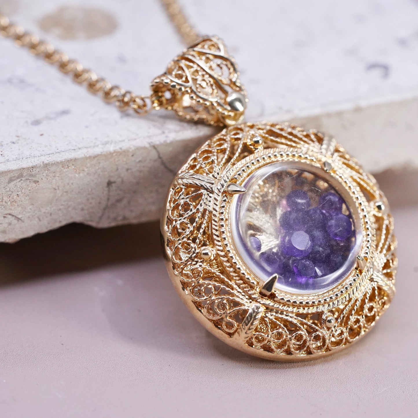 36" Turkey gold tone Sterling 925 silver necklace amethyst filigree pendant