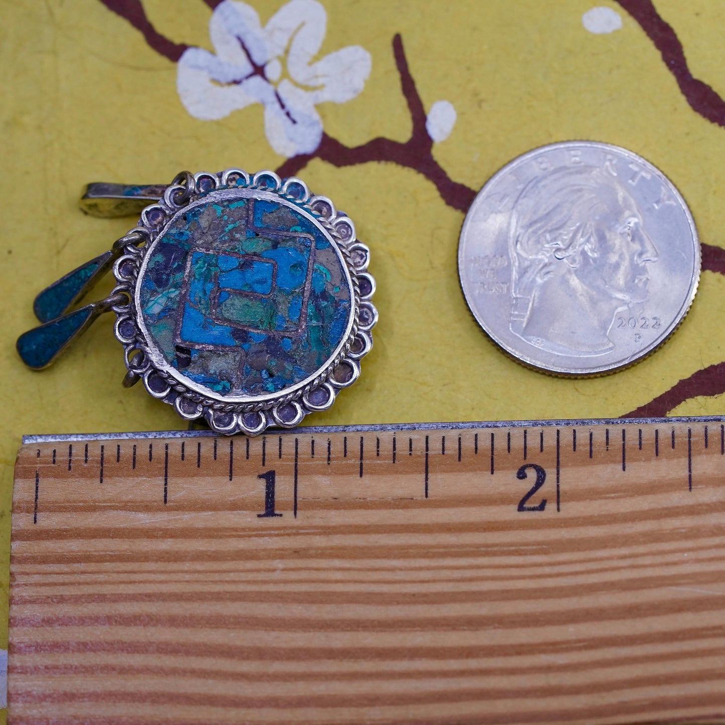 Vintage antique southwestern sterling silver circle pendant brooch turquoise