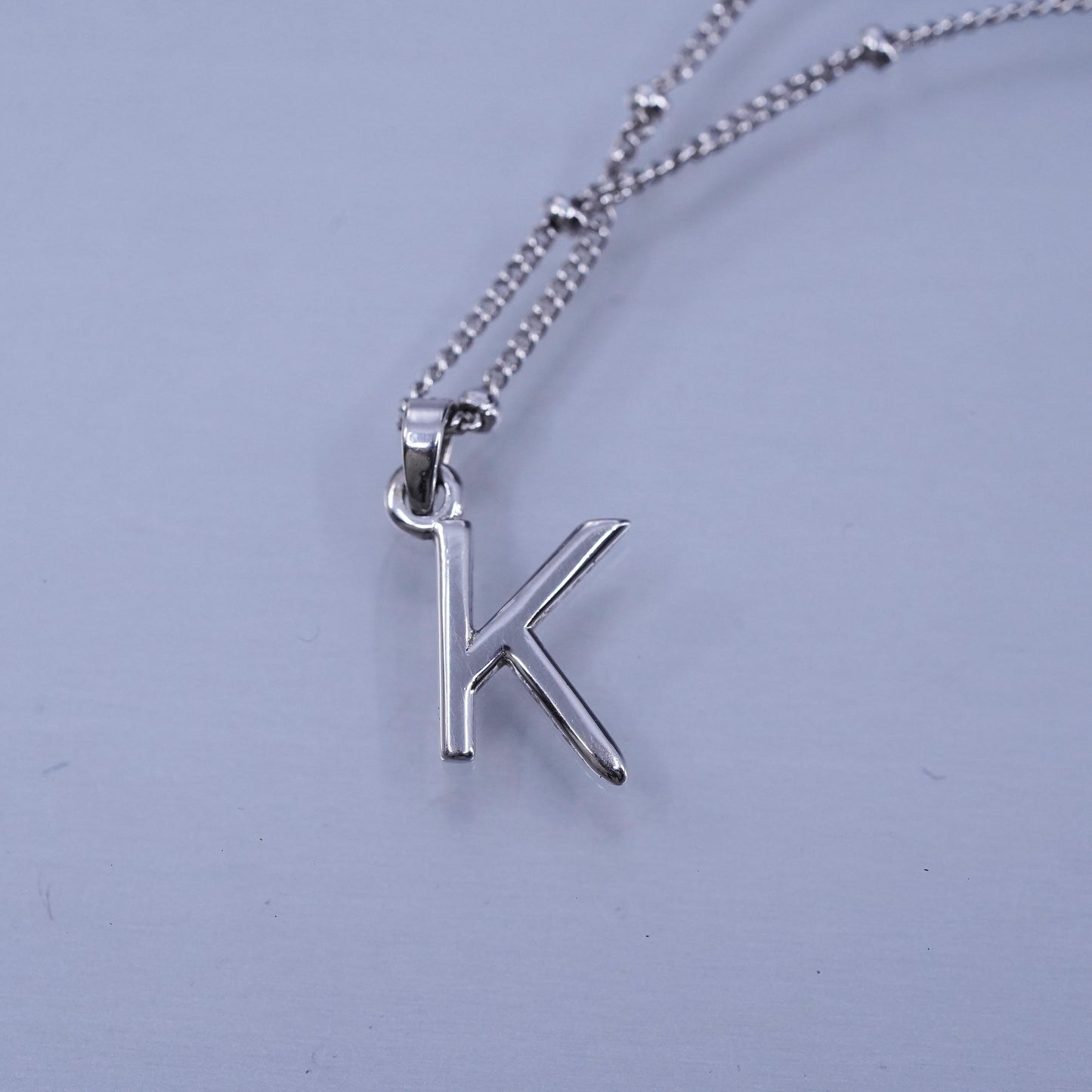 16+2”, vintage Sterling silver necklace, 925 bead curb chain letter K pendant