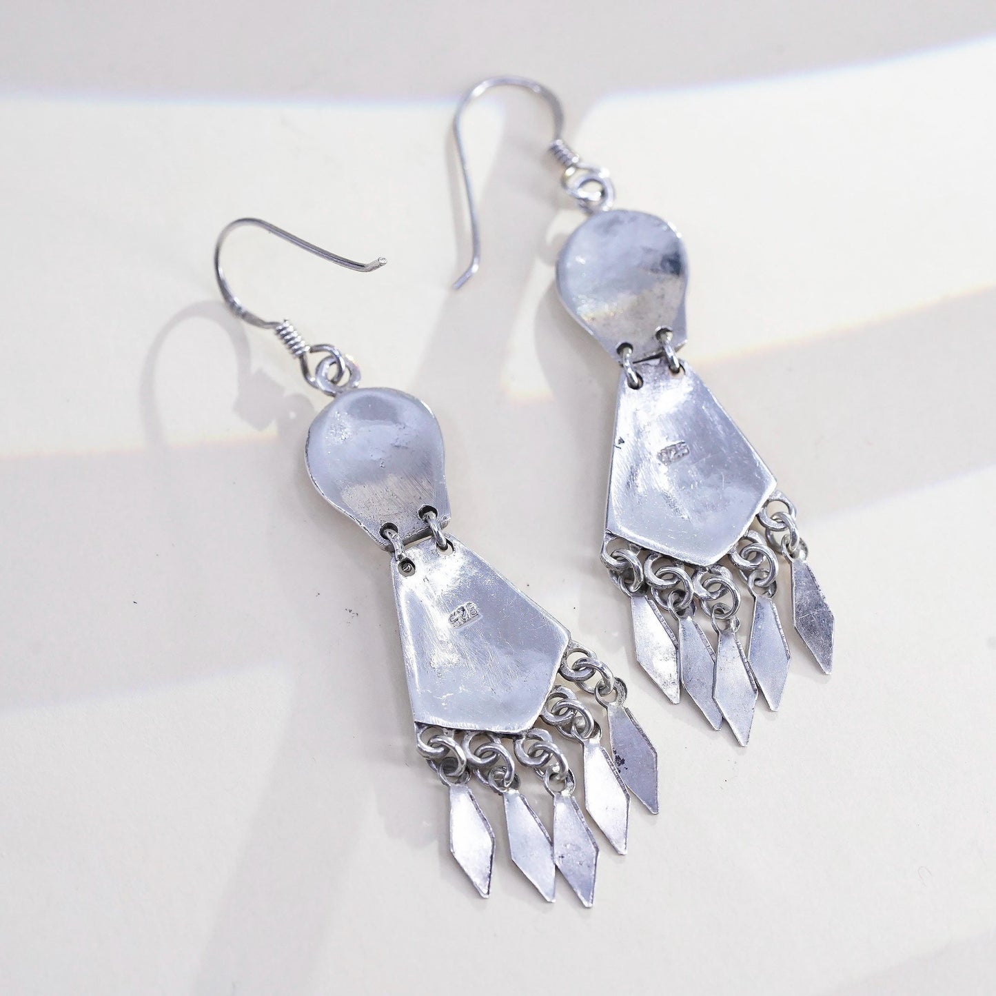 Vintage southwestern 925 Sterling silver earrings mother of pearl inlay fringes
