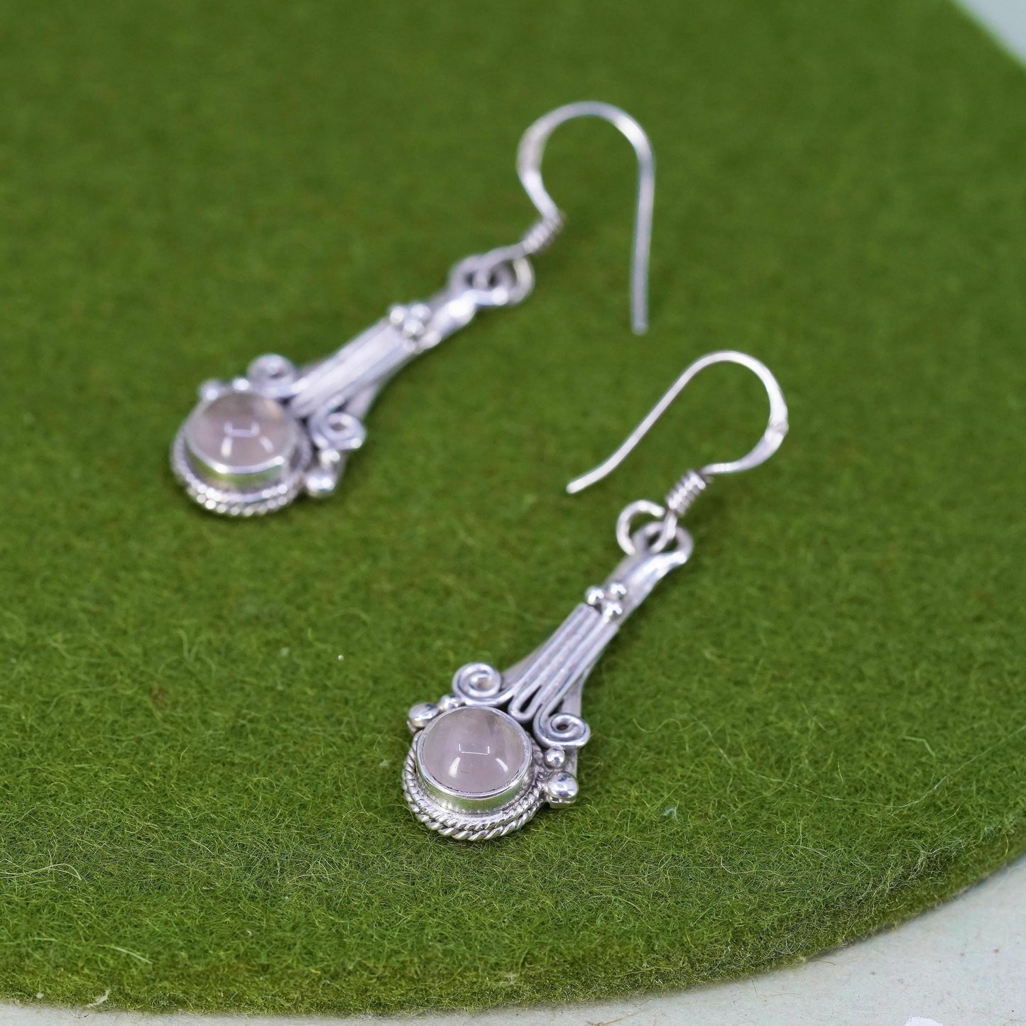Vintage Sterling 925 silver handmade earrings with pink quartz and beads