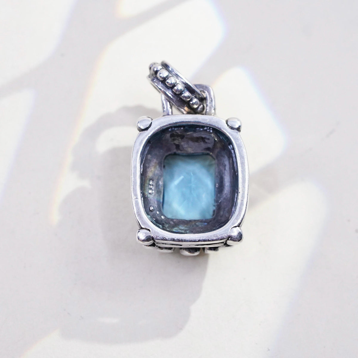Vintage 925 Sterling Silver Blue Topaz Pendant, Emerald Cut Blue Gemstone Charm