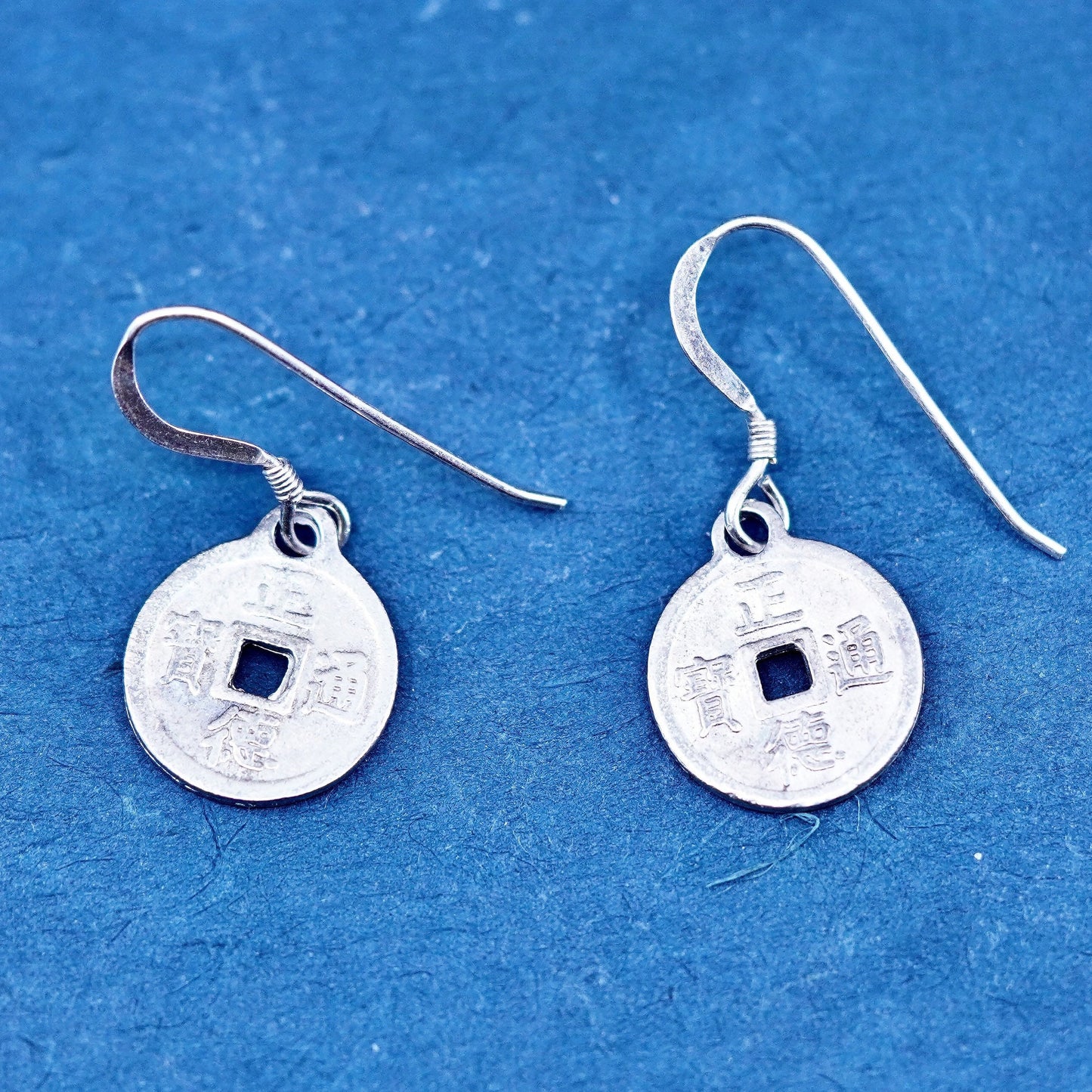 mexico Sterling Silver handmade Earrings. 925 ancient Chinese coin disc dangles