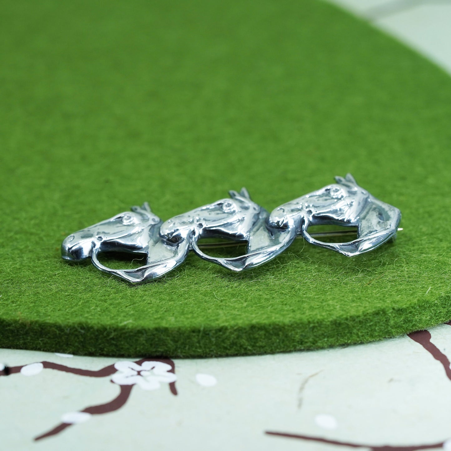 Vintage Lang sterling silver handmade brooch, solid 925 silver horses