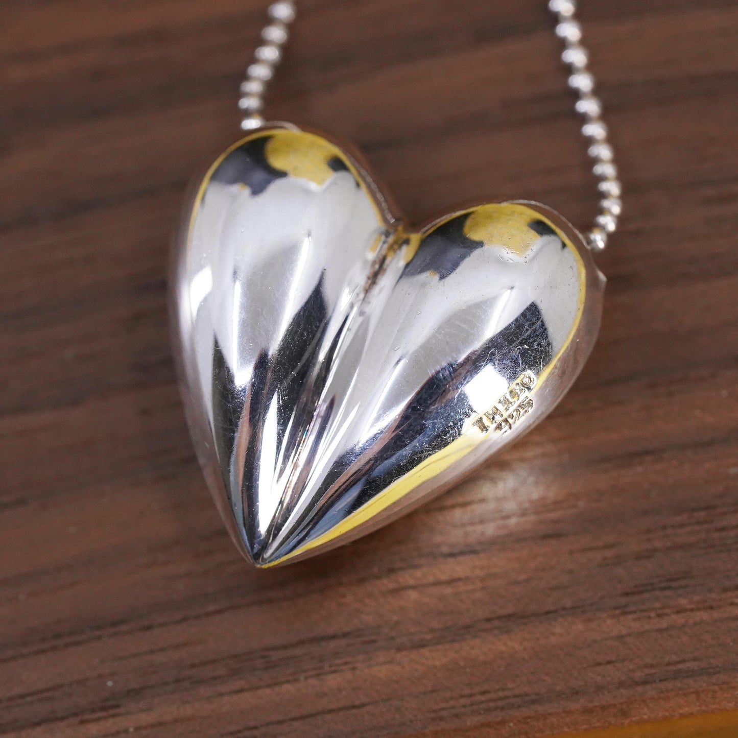30", Italian Sterling silver necklace, extra long 925 bead puffy heart pendant